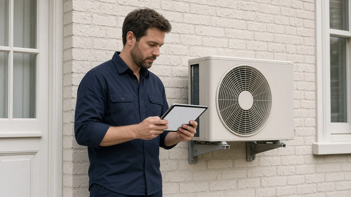 Een installateur bekijkt de buitenunit