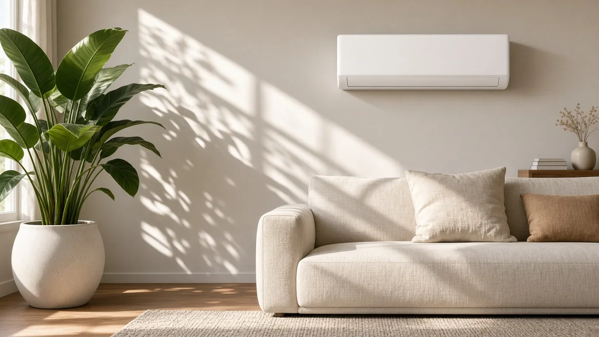 Een woonkamer met plant en binnenunit